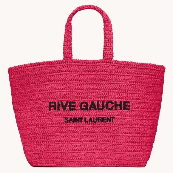Saint Laurent Pink Rive Gauche embroidered raffia tote bag - Picture 1 of 14